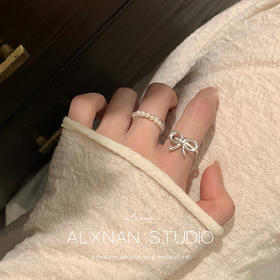 鹿鹿推荐•  双层贝珠蝴蝶结珍珠交叉戒指套装