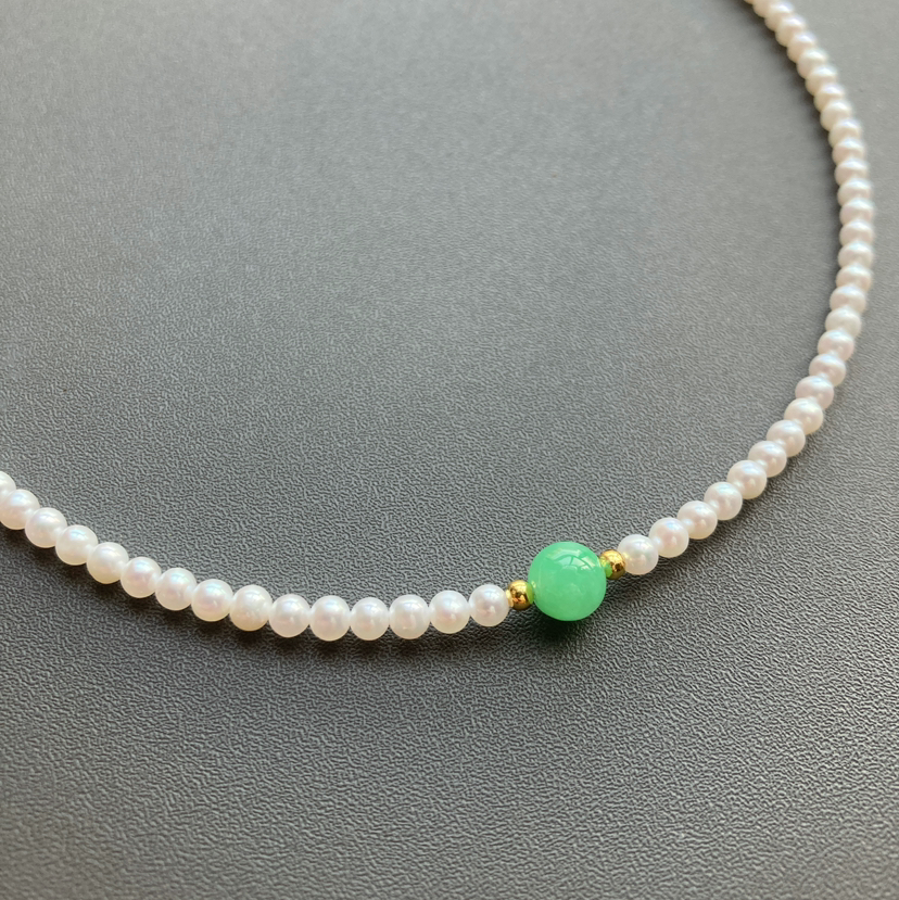 5A级珍珠baby珠阳绿翡翠珠串银镀金项链