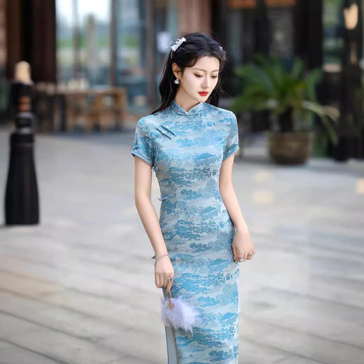 ZAYS2024夏季复古老上海气质改良长旗袍日常短袖立领提花旗袍 商品图1