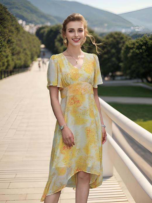 法式荷叶袖侧开衩连衣裙 商品图3