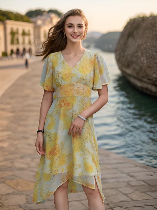 法式荷叶袖侧开衩连衣裙 商品图0