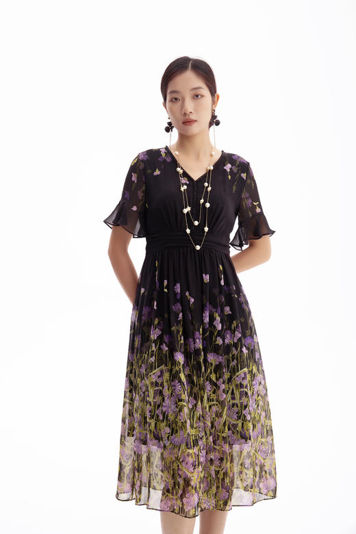 HJ2S53_紫薄汗色_连衣裙_夏季_精致钉珠 V 领荷叶袖网纱收腰显瘦气质中裙_高级女装_BERNIEELEN 伯妮斯茵 商品图3