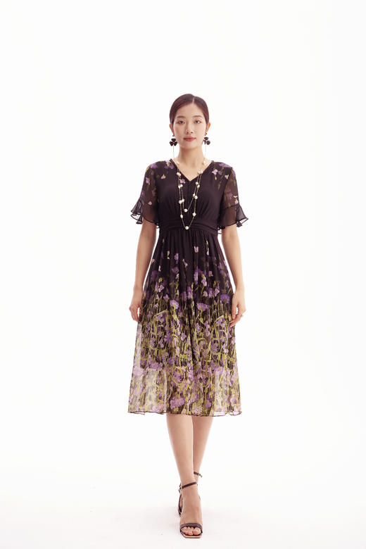 HJ2S53_紫薄汗色_连衣裙_夏季_精致钉珠 V 领荷叶袖网纱收腰显瘦气质中裙_高级女装_BERNIEELEN 伯妮斯茵 商品图7