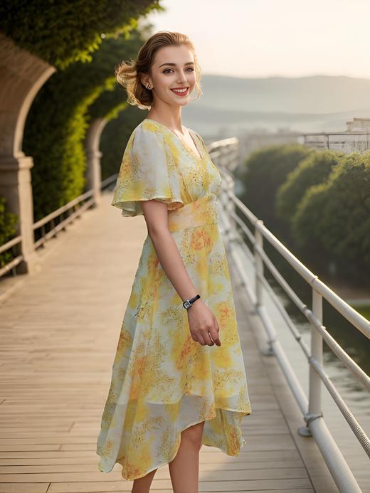 法式荷叶袖侧开衩连衣裙 商品图1