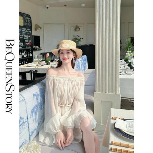 BeQueenStory【青苹果乐园】设计感镂空收腰一字肩灯笼袖连衣裙 商品图2