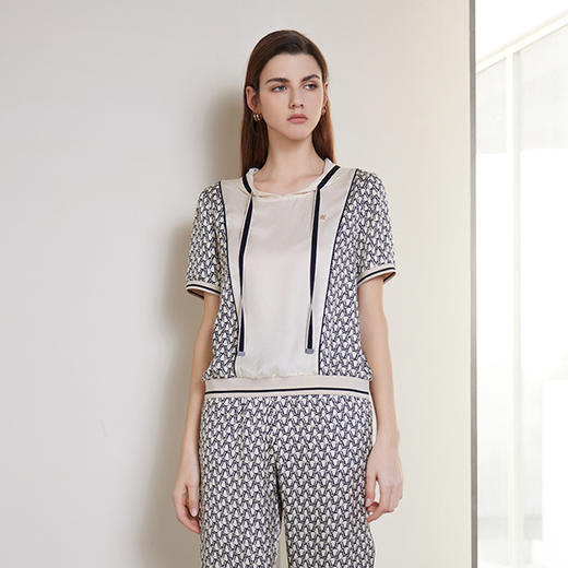 【连帽真丝花色T恤】24年春夏新品女士100%桑蚕丝花色短袖上衣印花运动九分裤 商品图1