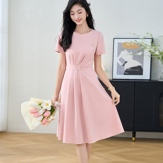 剩S/M/XL/XXL 米思阳2025夏季新款法式优雅短袖连衣裙收腰褶皱职业A字裙女3130 商品图0