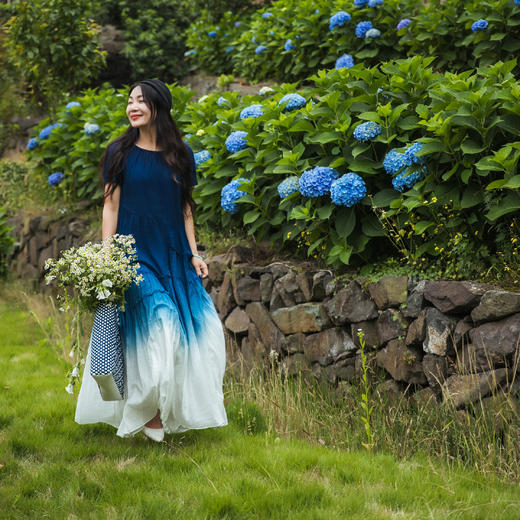 【林栖设计小店】（少量现货）植物染系列渐变复古收腰显瘦短袖婴儿棉连衣裙女长裙子 1922330-1962003B 商品图2