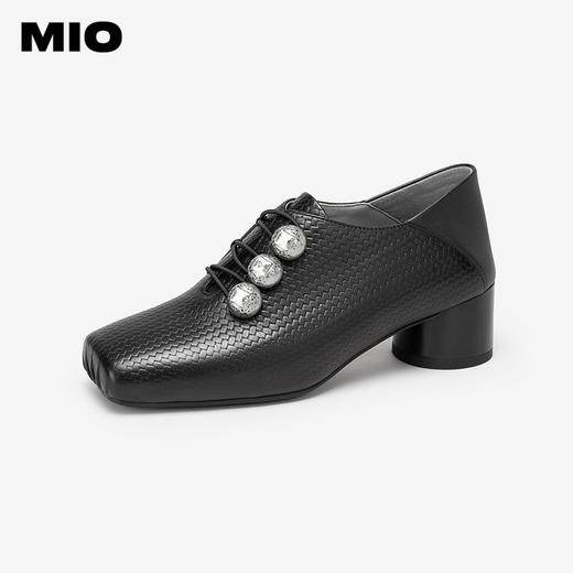MIO米奥秋季方头牛皮革粗跟牛津鞋复古扣饰通勤深口单鞋女M244541810 商品图0