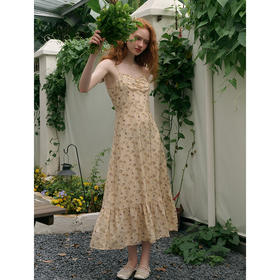 SimpleRetro故事的小黄花 法式玫瑰碎花吊带连衣裙女夏天丝a字裙