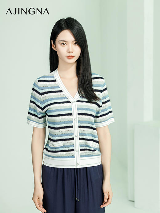 【商场同款】阿菁娜2024夏季新款V领条纹修身毛衫A29X301065 商品图2