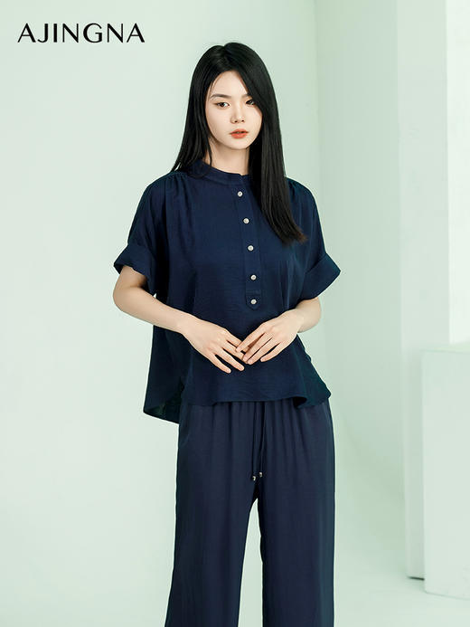 【商场同款】阿菁娜2024夏季新款宽松开叉翻袖扣上衣A30X102029 商品图0