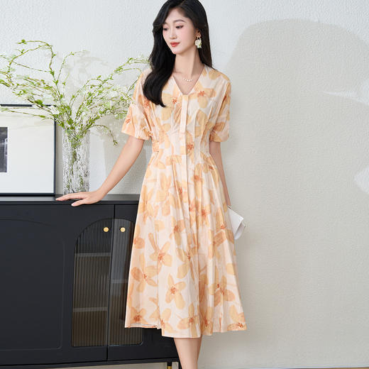 剩S/M/XL 【度假风连衣裙】2024夏季气质短袖印花中长系带a字裙2317 商品图1