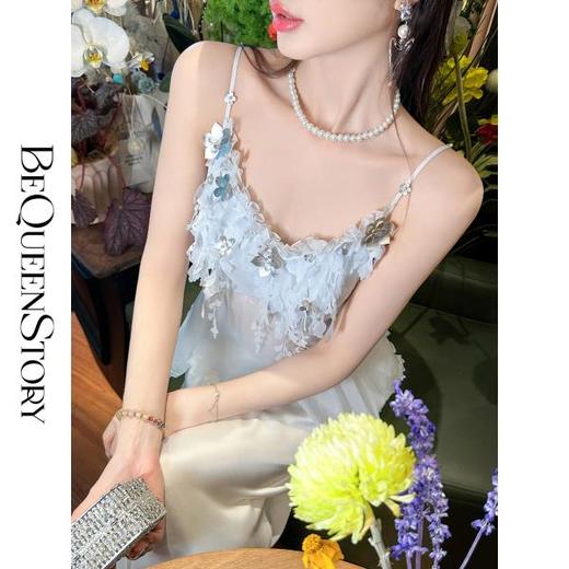 BeQueenStory【无尽爱意】花朵装饰100桑蚕丝自带胸垫吊带上衣 商品图0