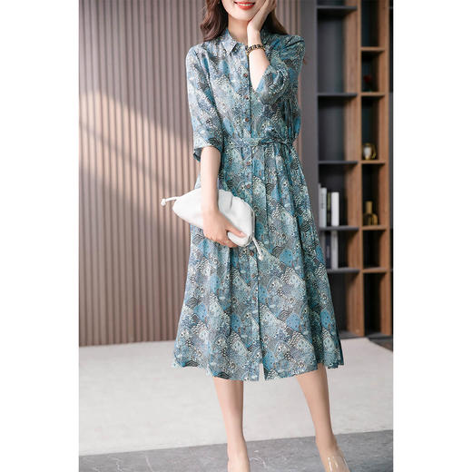 89037原形气质减龄亚麻连衣裙女2024春夏季新款韩版长款时尚碎花衬衫裙 商品图4