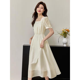 【专属特价】熙世界莱赛尔天丝短袖方领连衣裙夏季高端杏白色温柔风气质裙子