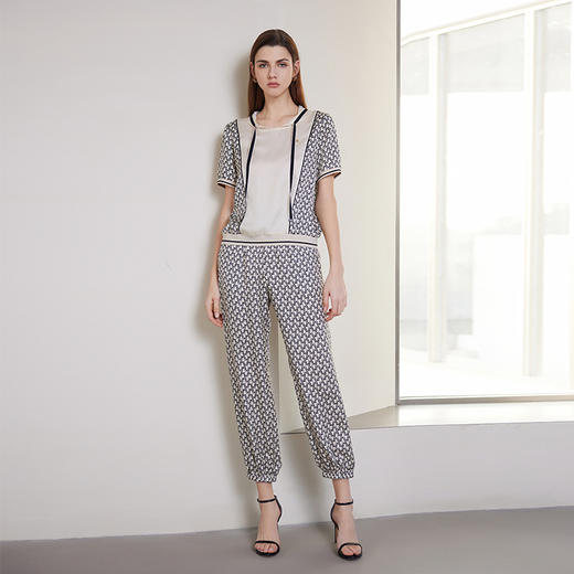 【连帽真丝花色T恤】24年春夏新品女士100%桑蚕丝花色短袖上衣印花运动九分裤 商品图5