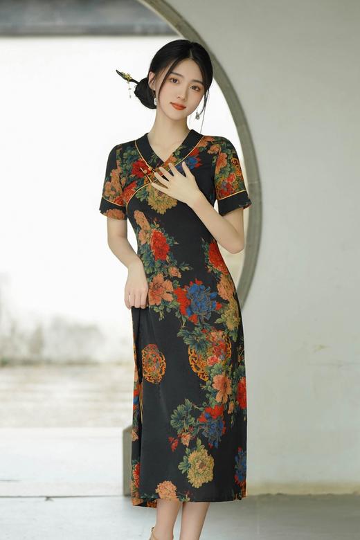 气质减龄旗袍V领连衣裙宽松大码中长款GSJ558 商品图3