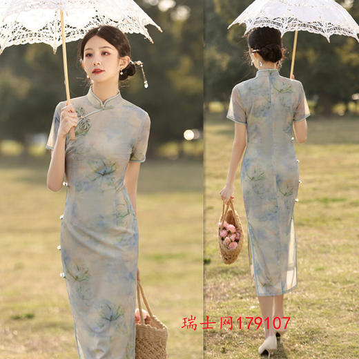 复古国风长款短袖旗袍，素雅日常旗袍裙GX-179107 商品图1