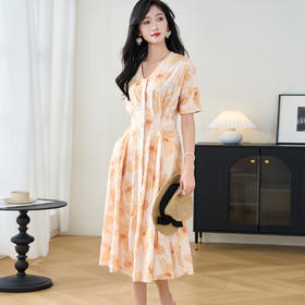 剩S/M/XL 【度假风连衣裙】2024夏季气质短袖印花中长系带a字裙2317
