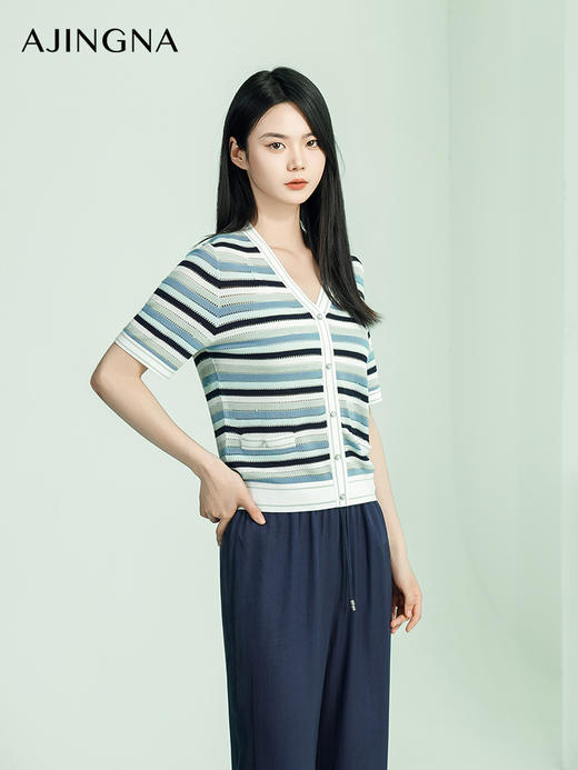 【商场同款】阿菁娜2024夏季新款V领条纹修身毛衫A29X301065 商品图0