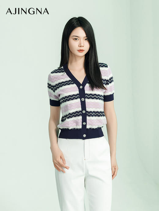 【商场同款】阿菁娜2024夏季新款V领条纹修身毛衫A29X301007 商品图4