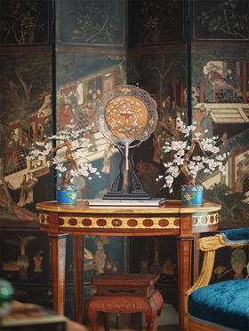 【已售】独角鹿西洋古董20世纪中国创汇时期出品宝相花纹样景泰蓝盆装饰「碧桃」珍宝像生盆景