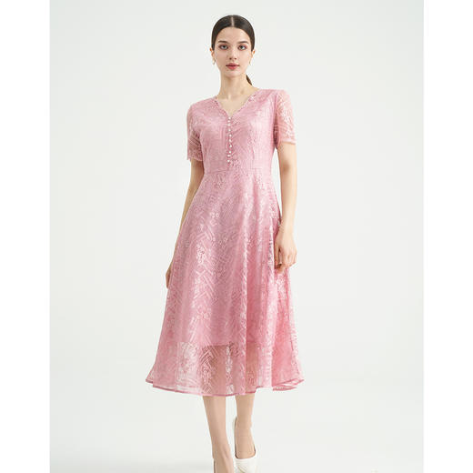 司歌v领蕾丝连衣裙短袖收腰显瘦优雅A89M005 商品图2