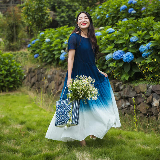 【林栖设计小店】（少量现货）植物染系列渐变复古收腰显瘦短袖婴儿棉连衣裙女长裙子 1922330-1962003B 商品图0