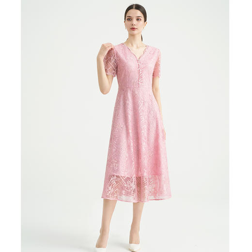 司歌v领蕾丝连衣裙短袖收腰显瘦优雅A89M005 商品图0