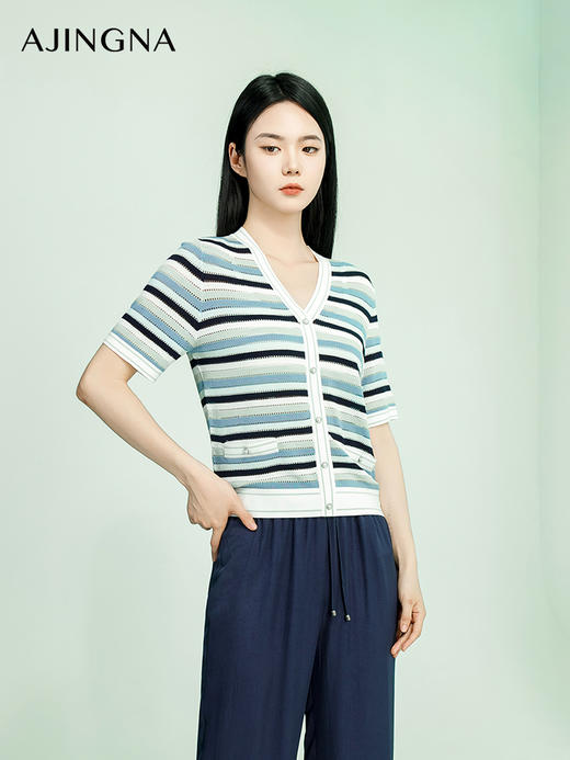 【商场同款】阿菁娜2024夏季新款V领条纹修身毛衫A29X301065 商品图1