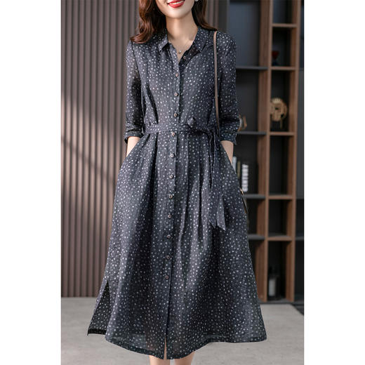 87030原形法式衬衫裙女中长款苎麻连衣裙高端2024春季新款韩版碎花裙子 商品图0