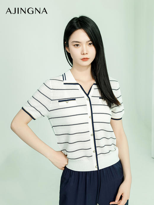 【商场同款】阿菁娜夏季新款修身翻领条纹毛衫A29X301063 商品图3