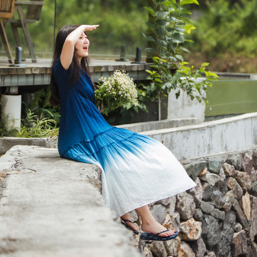 【林栖设计小店】（少量现货）植物染系列渐变复古收腰显瘦短袖婴儿棉连衣裙女长裙子 1922330-1962003B 商品图5