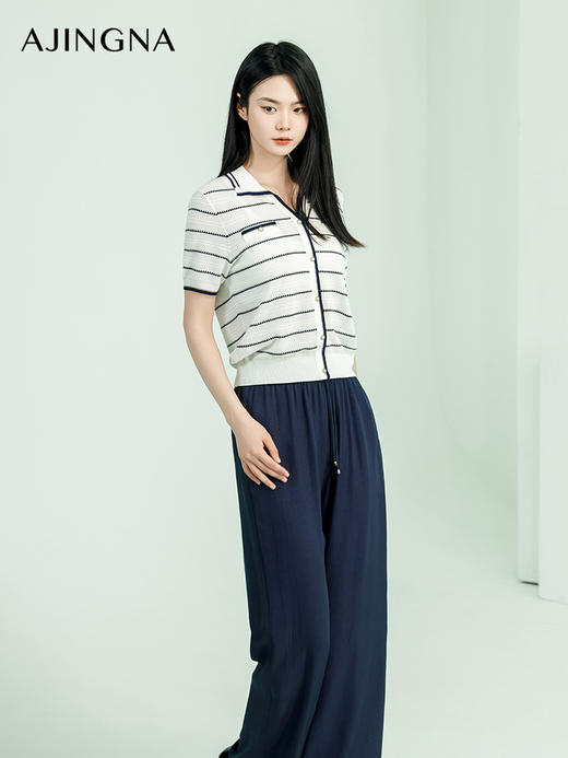 【商场同款】阿菁娜夏季新款修身翻领条纹毛衫A29X301063 商品图0