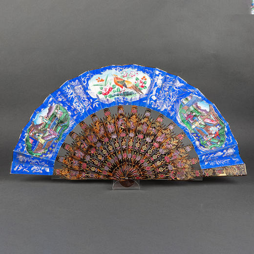 独角鹿西洋古董19世纪中期中国广东十三行出品彩漆描金竹骨「千人面」纸本彩绘古董折扇 商品图2