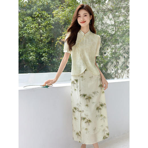 【专属特价】熙世界新中式国风竹叶印花半身裙夏季新款高腰复古盘扣开叉裙子 商品图2