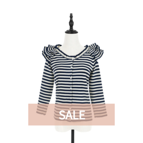 TYNVIE 花边肩饰圆领针织开衫-蓝白条纹