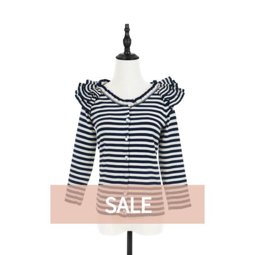 TYNVIE 花边肩饰圆领针织开衫-蓝白条纹 商品图0