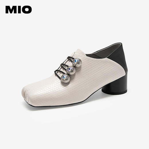 MIO米奥秋季方头牛皮革粗跟牛津鞋复古扣饰通勤深口单鞋女M244541810 商品图1