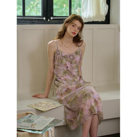 SimpleRetro夏色睡莲 浪漫油画碎花吊带连衣裙女夏海边度假a字裙