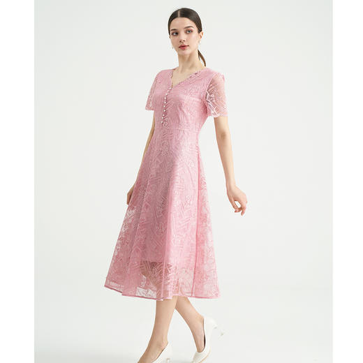 司歌v领蕾丝连衣裙短袖收腰显瘦优雅A89M005 商品图4