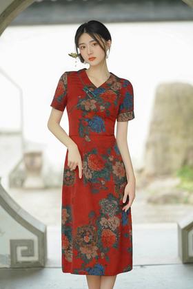 气质减龄旗袍V领连衣裙宽松大码中长款GSJ558