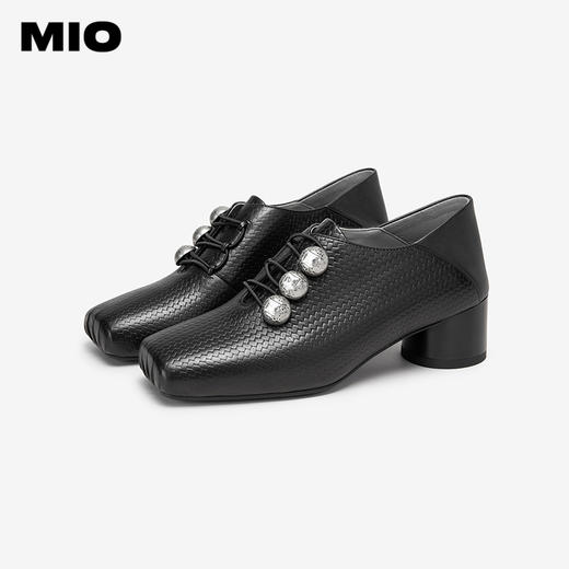 MIO米奥秋季方头牛皮革粗跟牛津鞋复古扣饰通勤深口单鞋女M244541810 商品图2