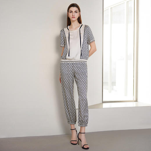 【连帽真丝花色T恤】24年春夏新品女士100%桑蚕丝花色短袖上衣印花运动九分裤 商品图6