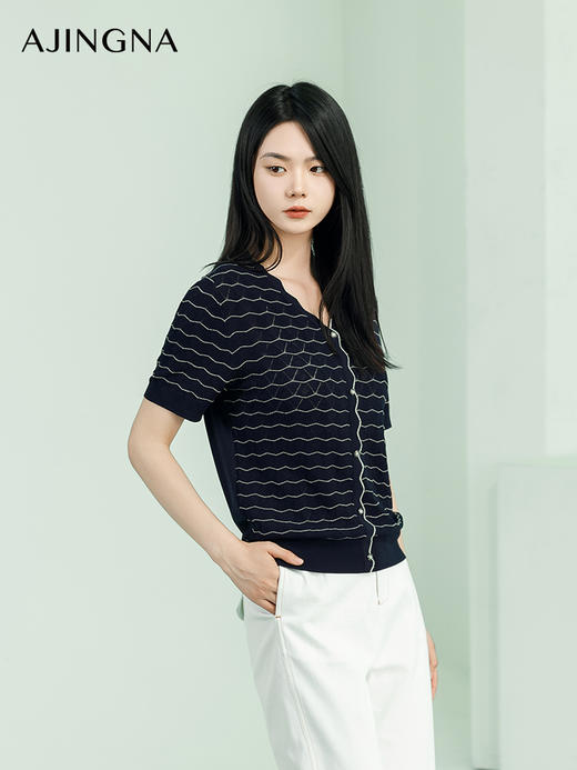 【商场同款】阿菁娜2024夏季新款V领细条纹修身毛衫A29X301066 商品图1