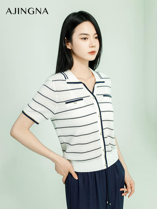 【商场同款】阿菁娜夏季新款修身翻领条纹毛衫A29X301063 商品图4