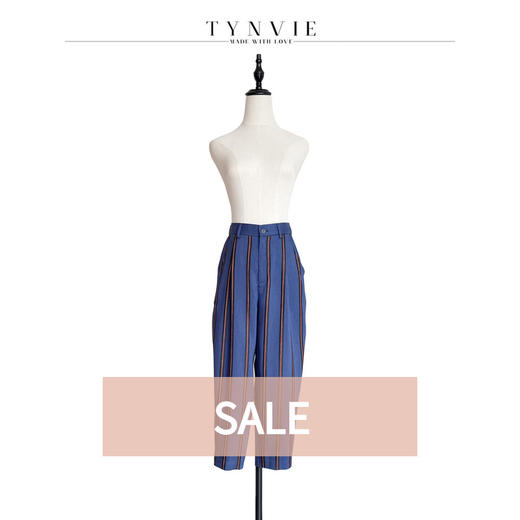 TYNVIE插袋9分萝卜裤-蓝橘条纹 商品图0