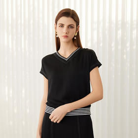 【V领真丝条纹撞色T恤】24年春夏新品女士V领直筒纯色百搭上衣