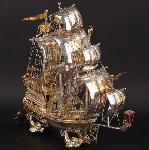 独角鹿西洋古董1910年代德国出品纯银鎏金精雕帆船造型摆件 商品图2